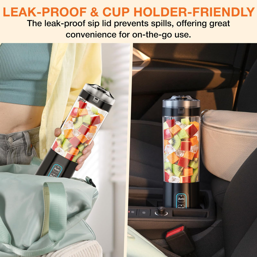 Leak-resistant Gvode blender packed in a tote bag and placed upright in a car cup holder