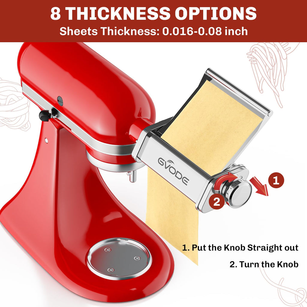 Eight-thickness adjustment instructions for Gvode pasta roller on red stand mixer