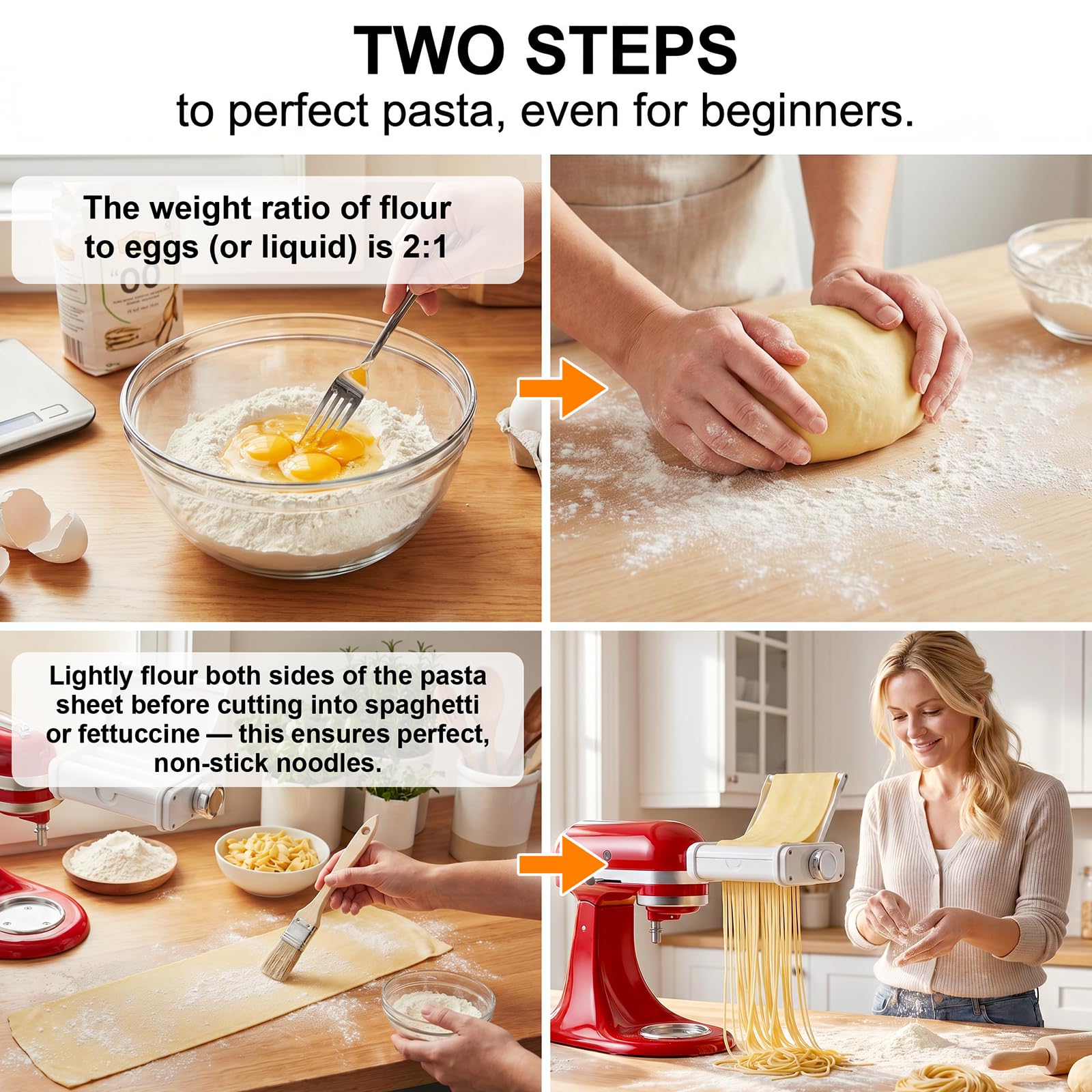 Two-step pasta preparation guide from mixing dough to rolling and cutting noodles