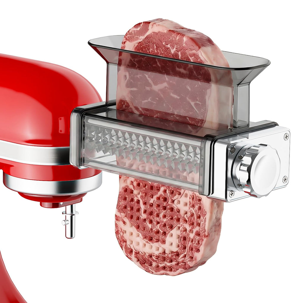 Gvode meat tenderizer attachment on red stand mixer tenderizing a thick cut of meat