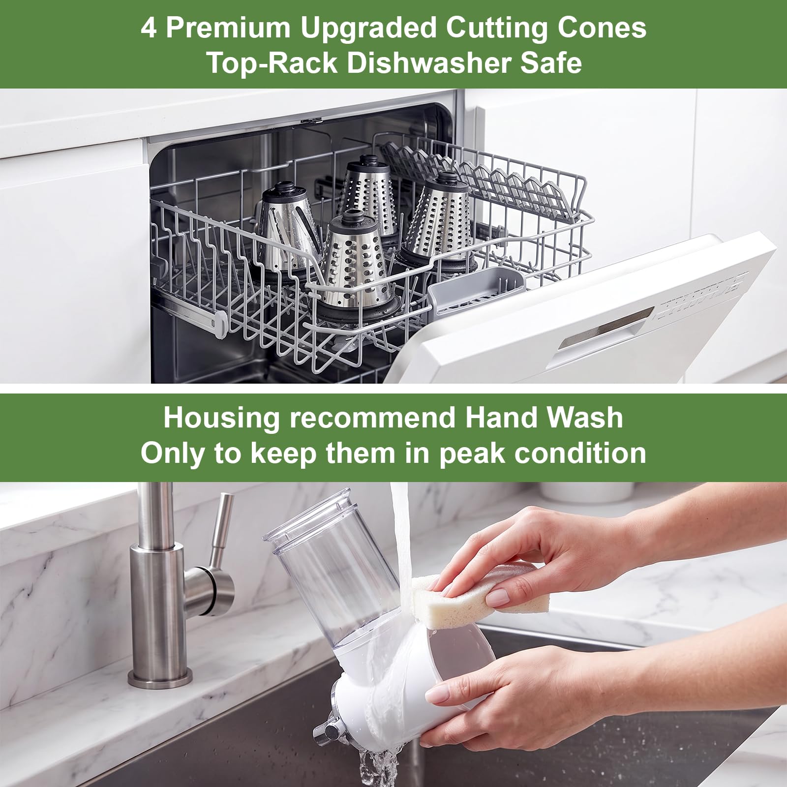 Four cutting cones in dishwasher and slicer-shredder housing being hand-washed