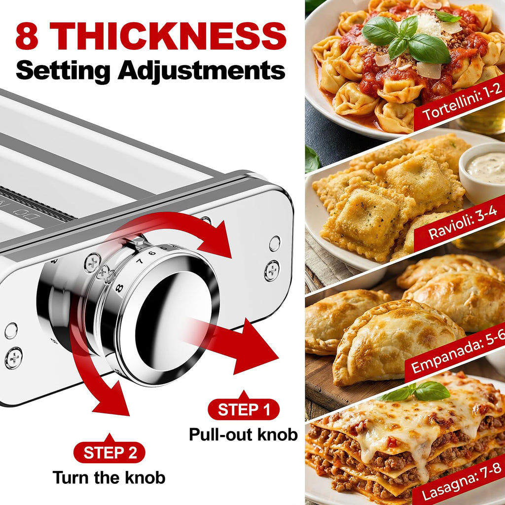Eight-thickness adjustment dial with examples of tortellini, ravioli, empanadas, and lasagna