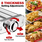 Eight-thickness adjustment dial with examples of tortellini, ravioli, empanadas, and lasagna