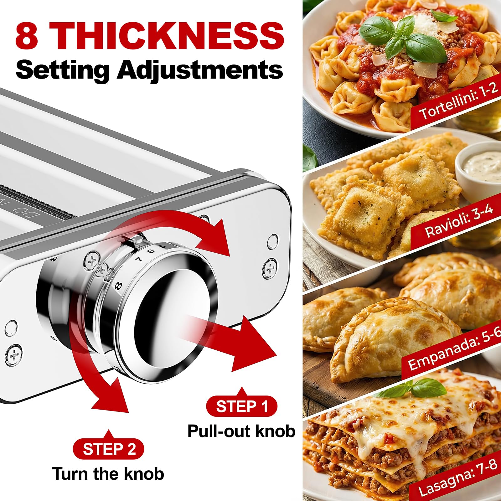 Eight-thickness adjustment dial with examples of tortellini, ravioli, empanadas, and lasagna