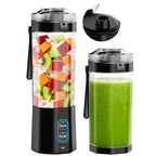 Gvode portable blender shown with fruit ingredients, green smoothie, and separate sip lid