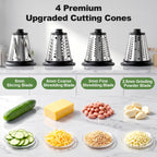 Four cutting cones labeled for slicing, coarse shredding, fine shredding, and grinding