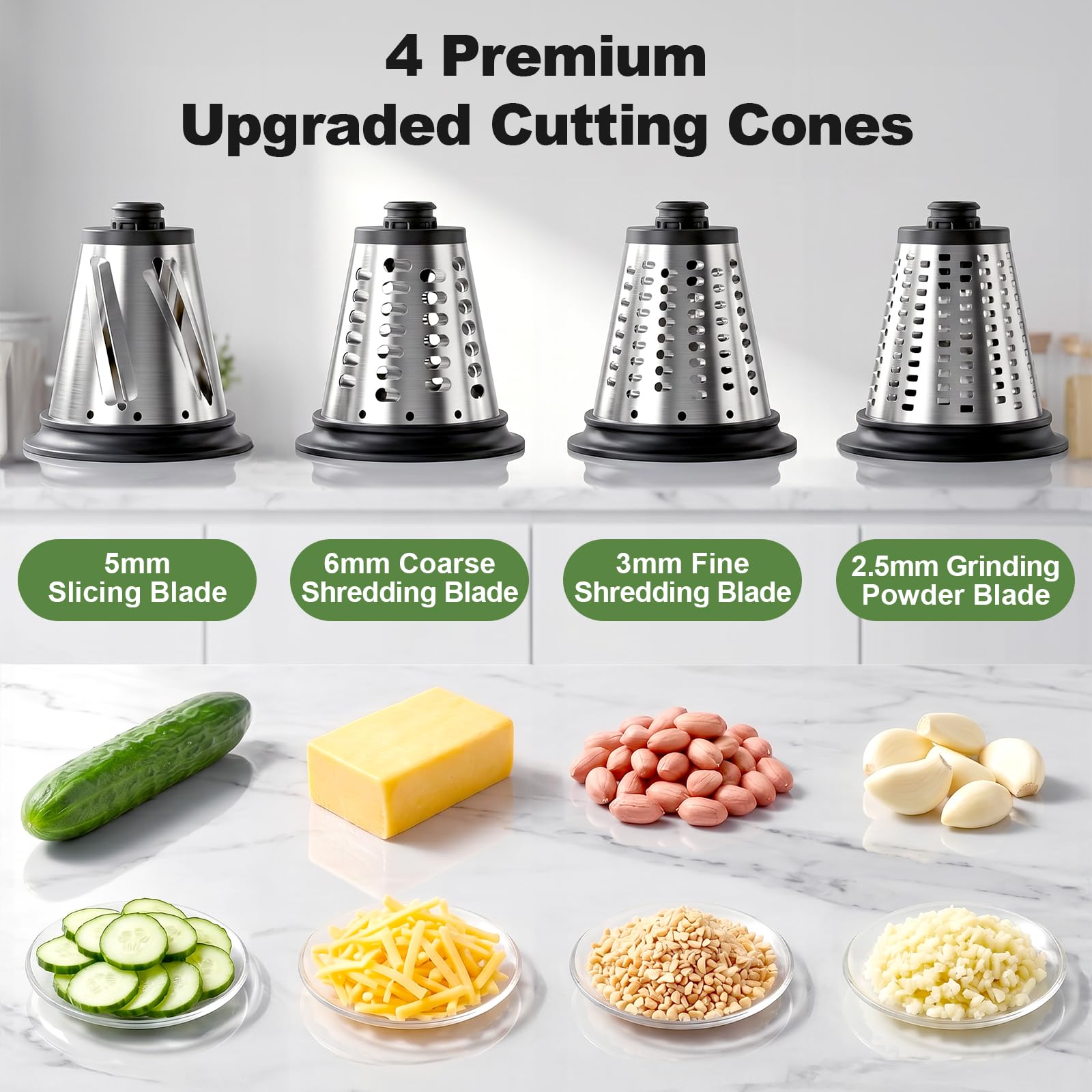 Four cutting cones labeled for slicing, coarse shredding, fine shredding, and grinding