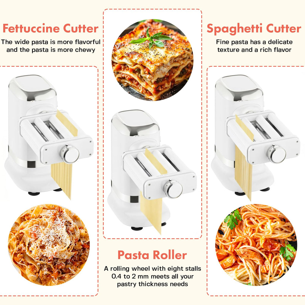 White electric pasta maker shown rolling sheets and cutting fettuccine and spaghetti