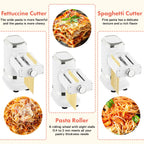 White electric pasta maker shown rolling sheets and cutting fettuccine and spaghetti