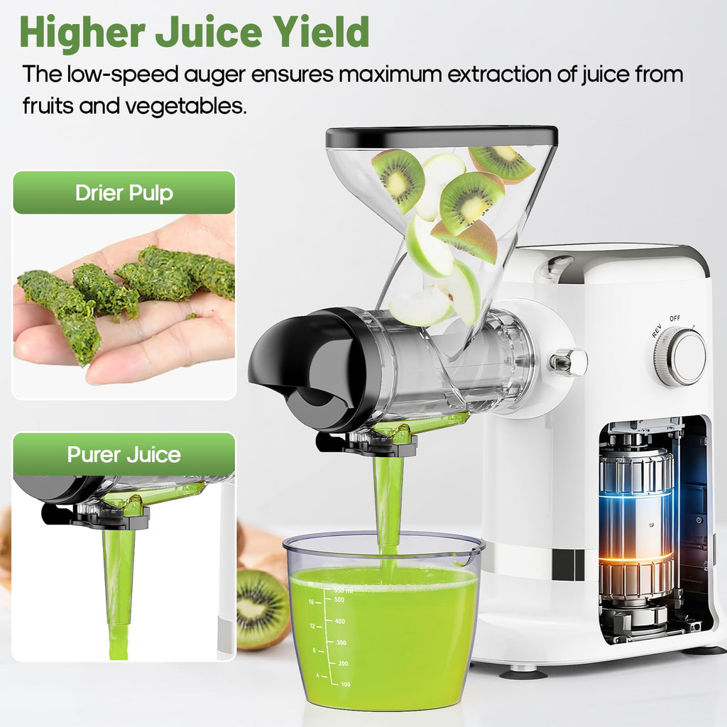 Gvode cold press juicer processing kiwi with comparison of drier pulp and clear juice