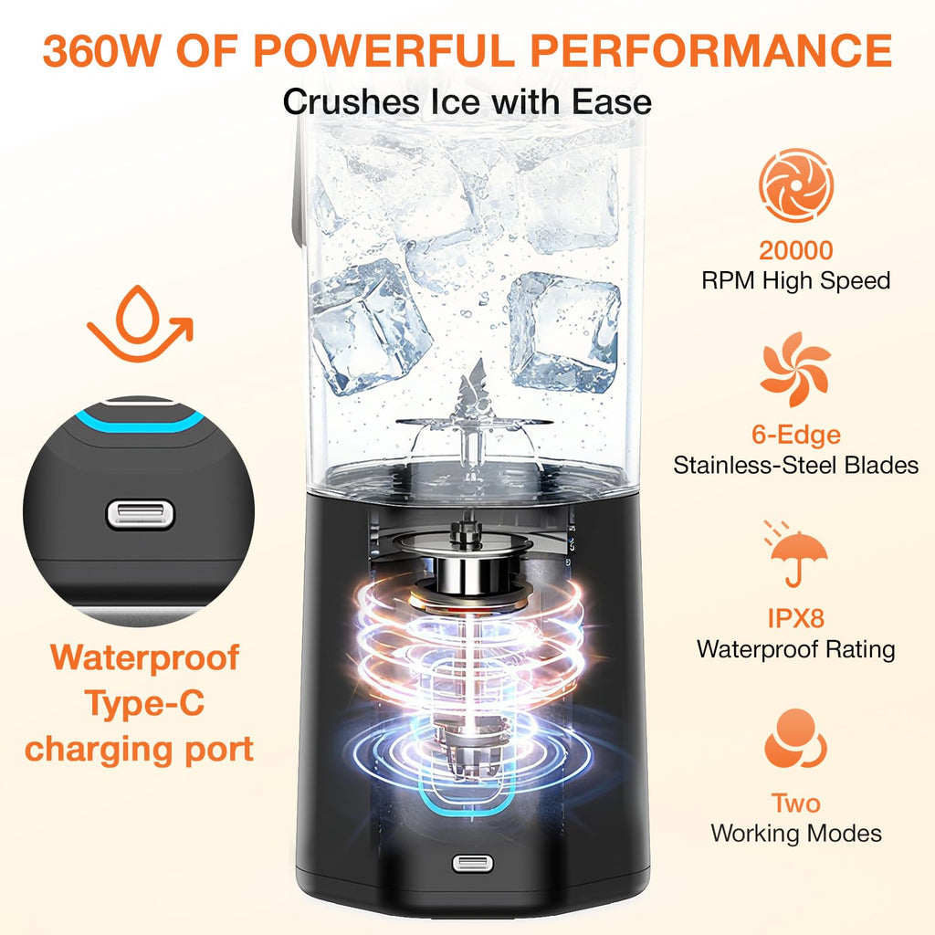 Cutaway view of Gvode blender crushing ice, with USB-C port, six-edge blade, and two modes