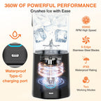 Cutaway view of Gvode blender crushing ice, with USB-C port, six-edge blade, and two modes