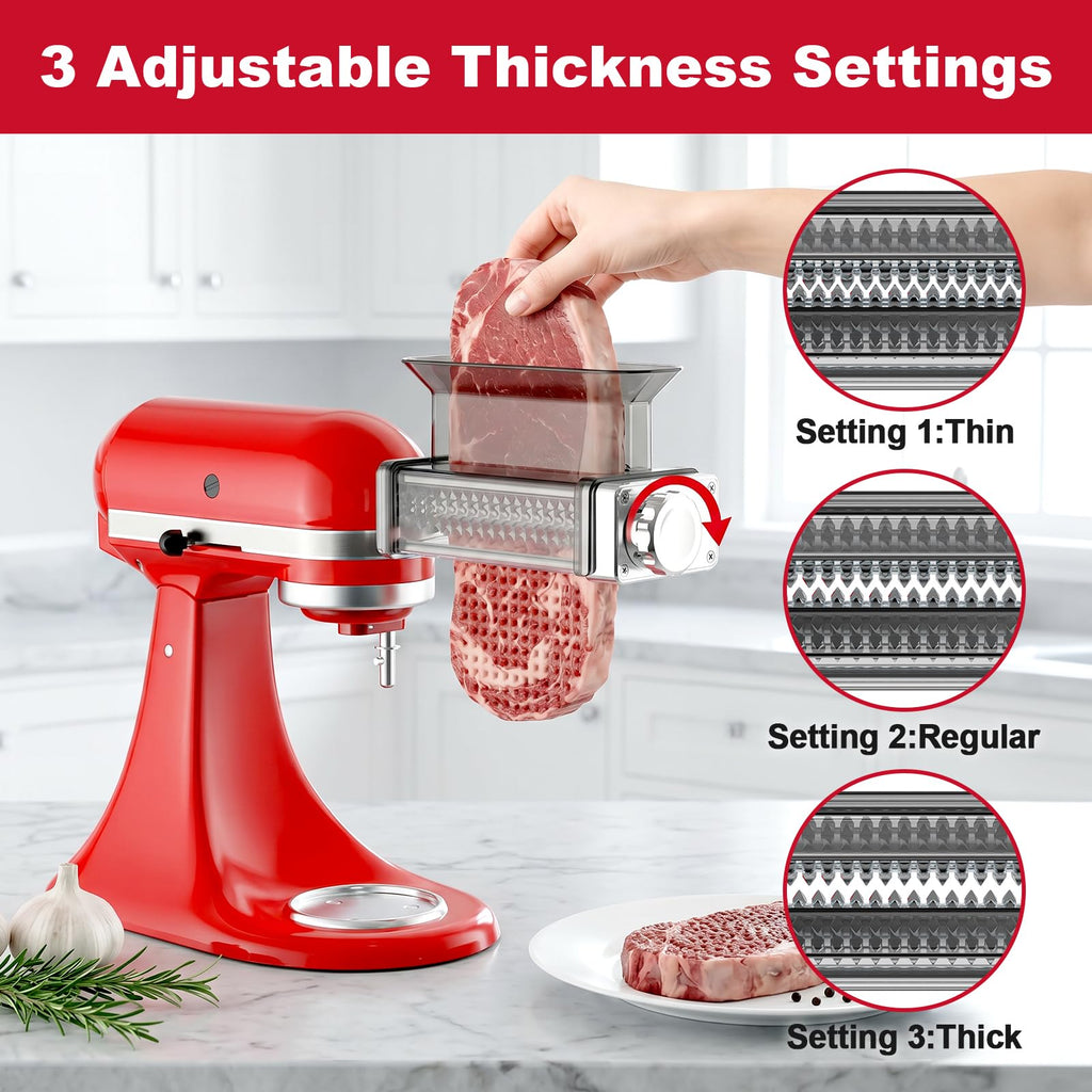 Three adjustable thickness settings shown on Gvode meat tenderizer attachment