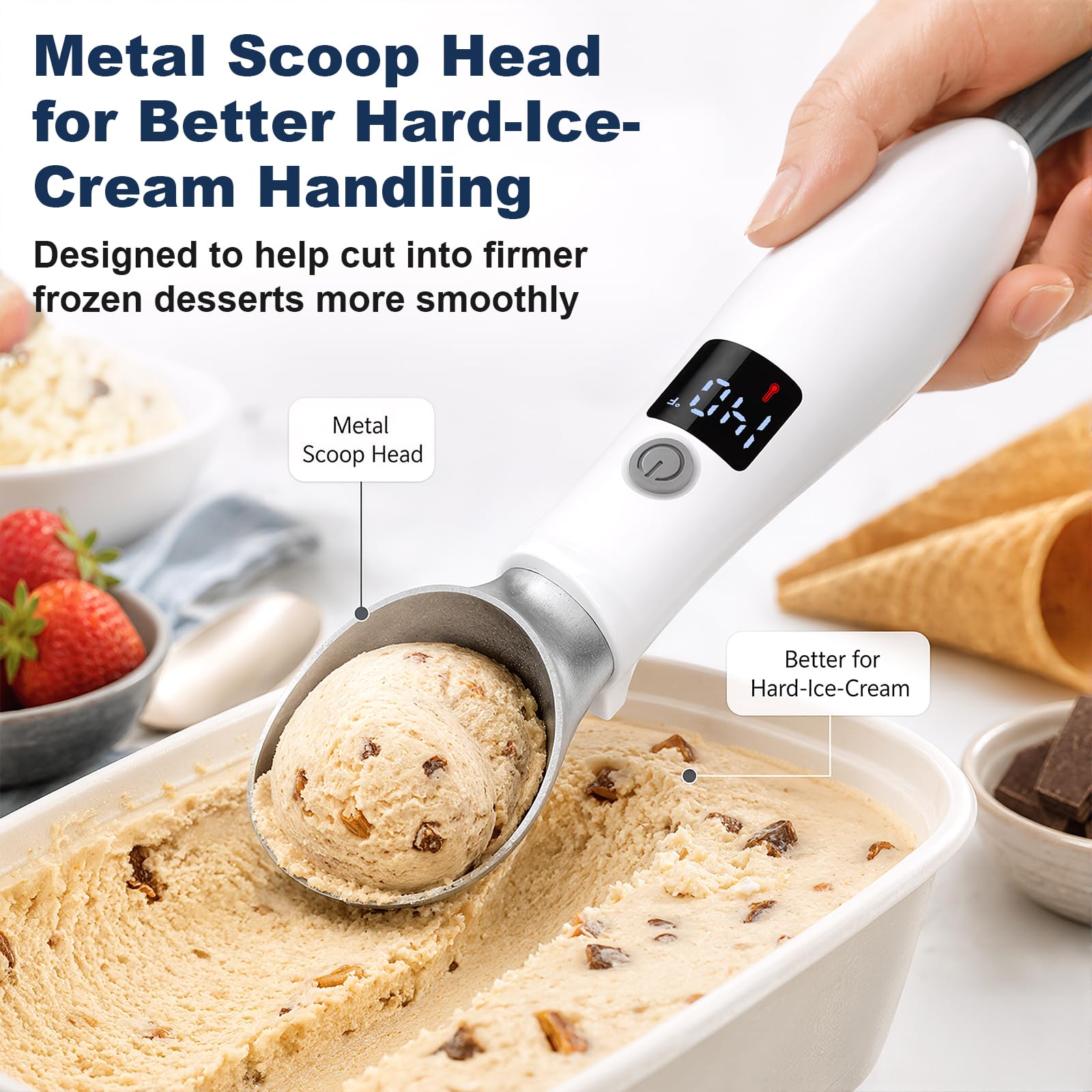 Metal head of Gvode heated scoop serving a round scoop from hard ice cream