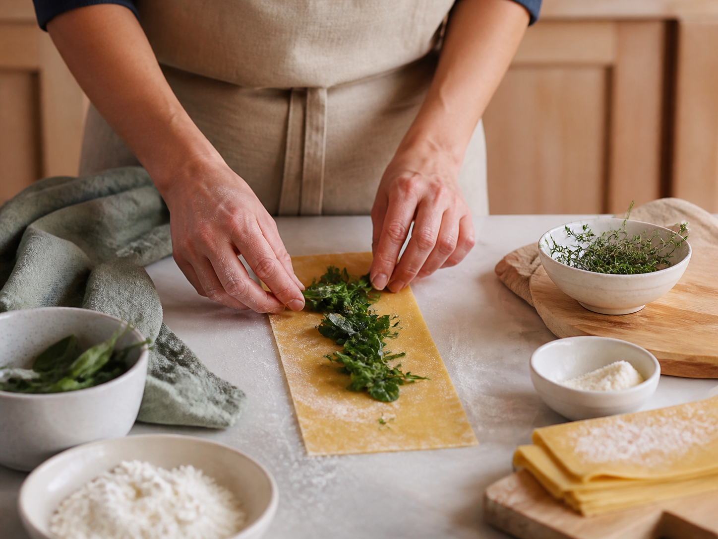 Hands arranging herbs on a fresh sheet of pasta in a warm kitchen