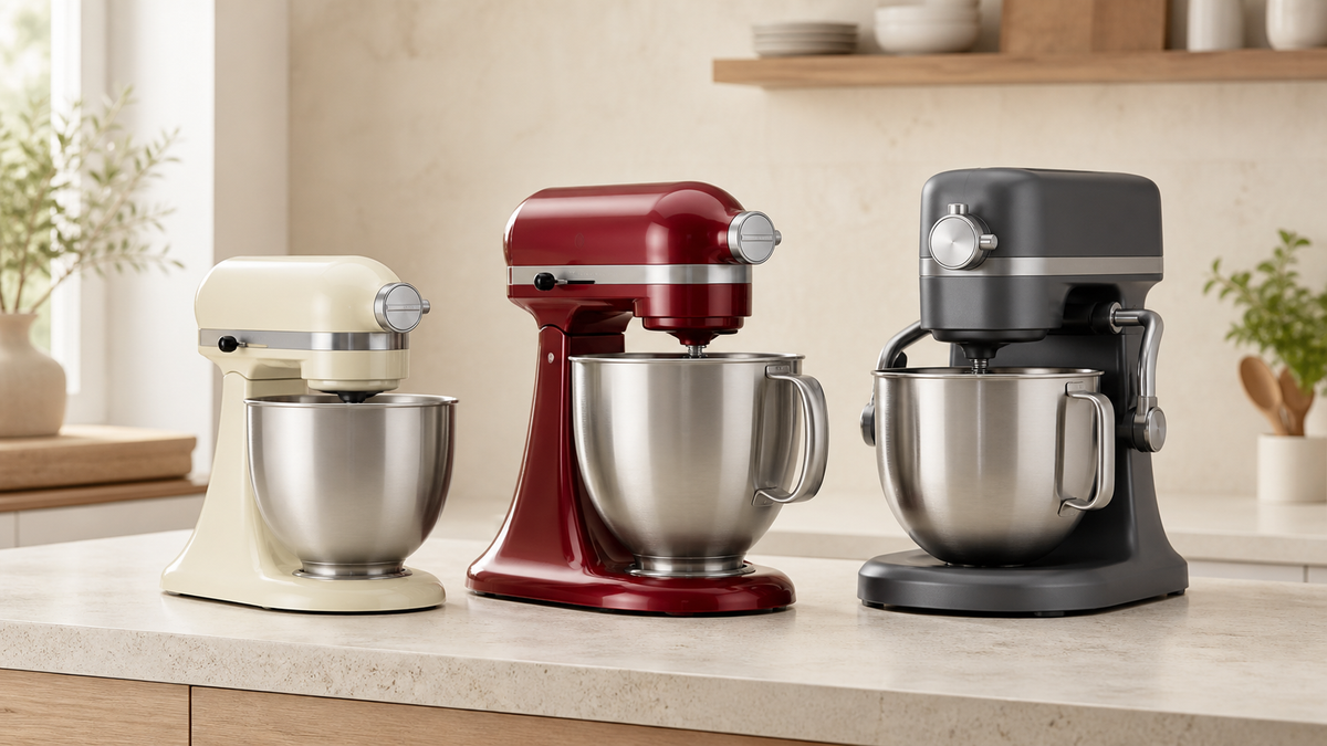 Three stand mixers in a bright kitchen