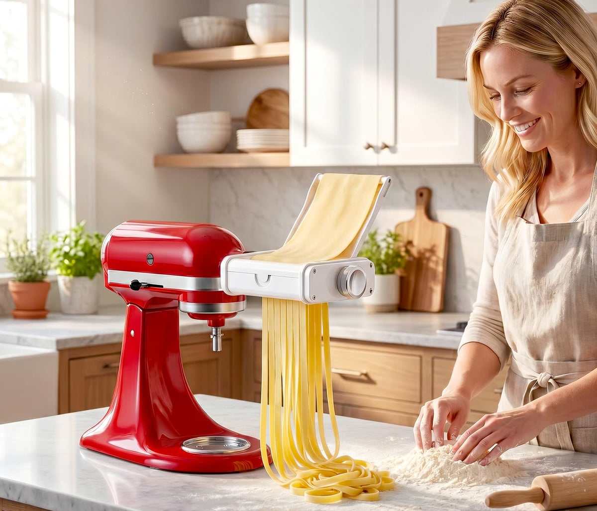 Gvode pasta maker attachment installed on a red stand mixer in a warm kitchen