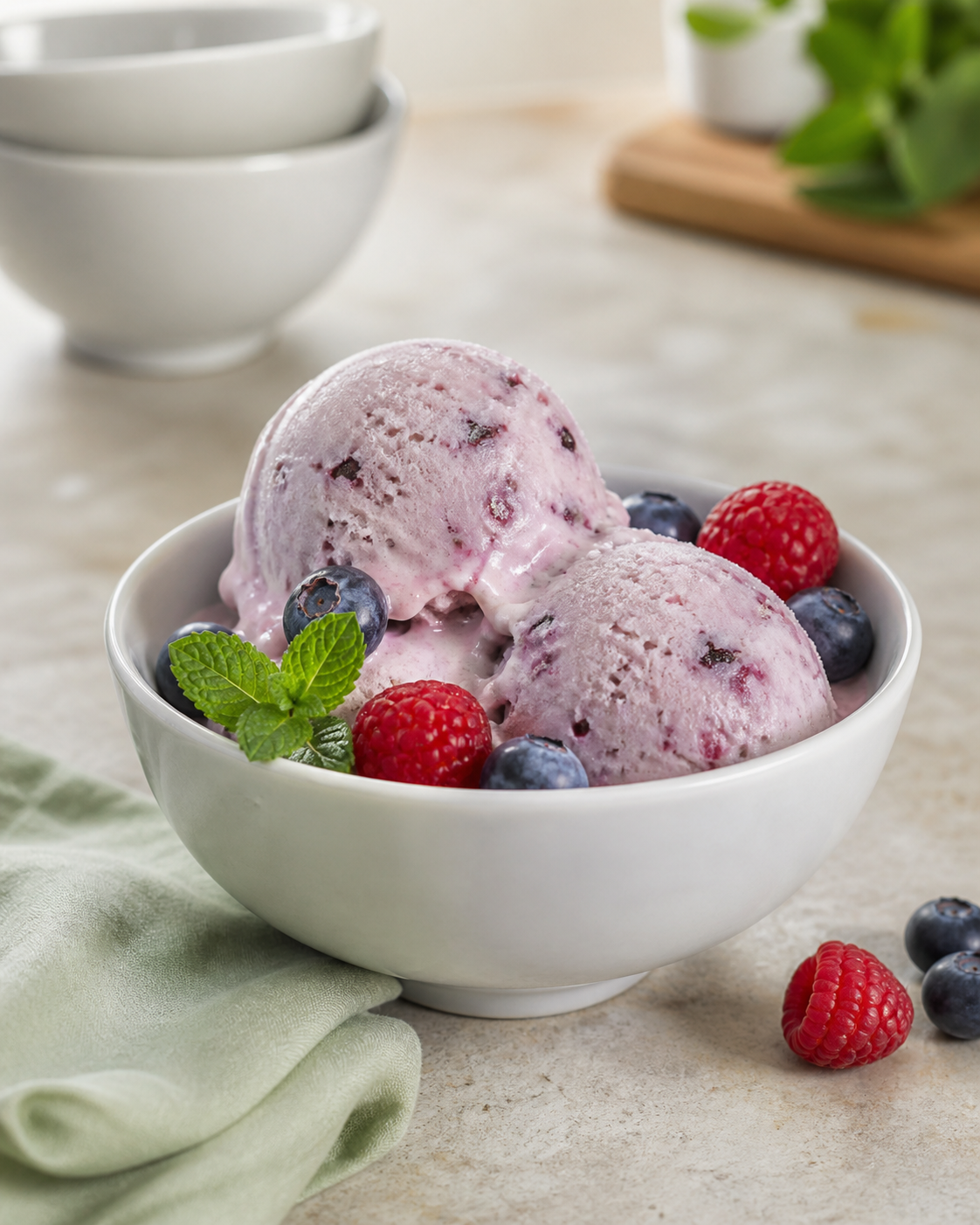 Berry ice cream in a white porcelain bowl