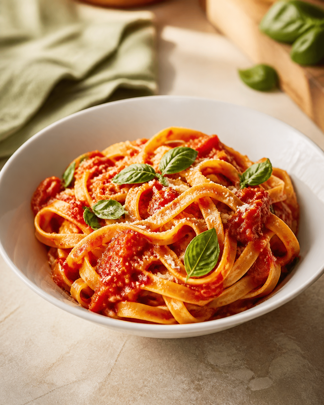 Fresh pasta served in a warm home kitchen