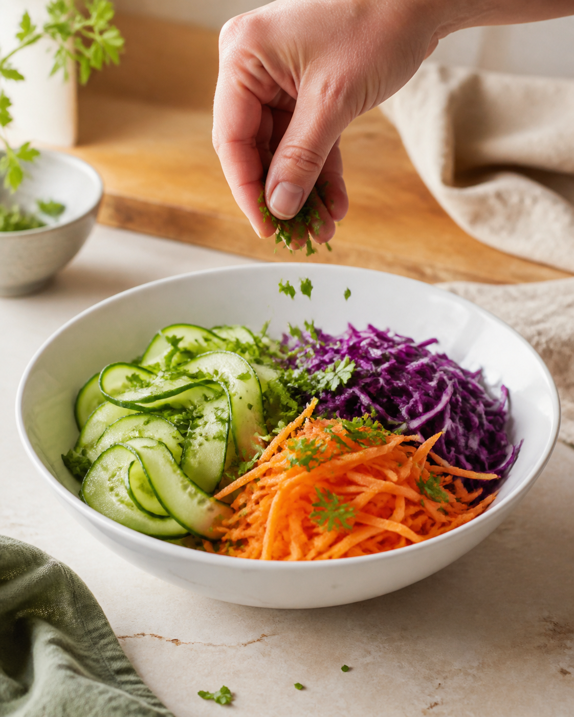 Colorful sliced and shredded vegetables in a porcelain bowl